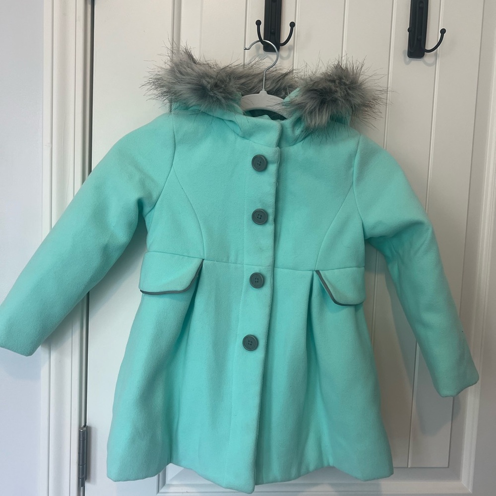 Cat & Jack Mint Teal Hooded Faux Fur Trim Peacoat